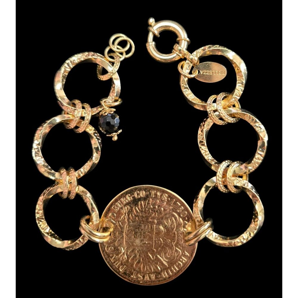 Bellezza Goldtone Large Link Bracelet with Faux Coin & Black Crystal Dangle
